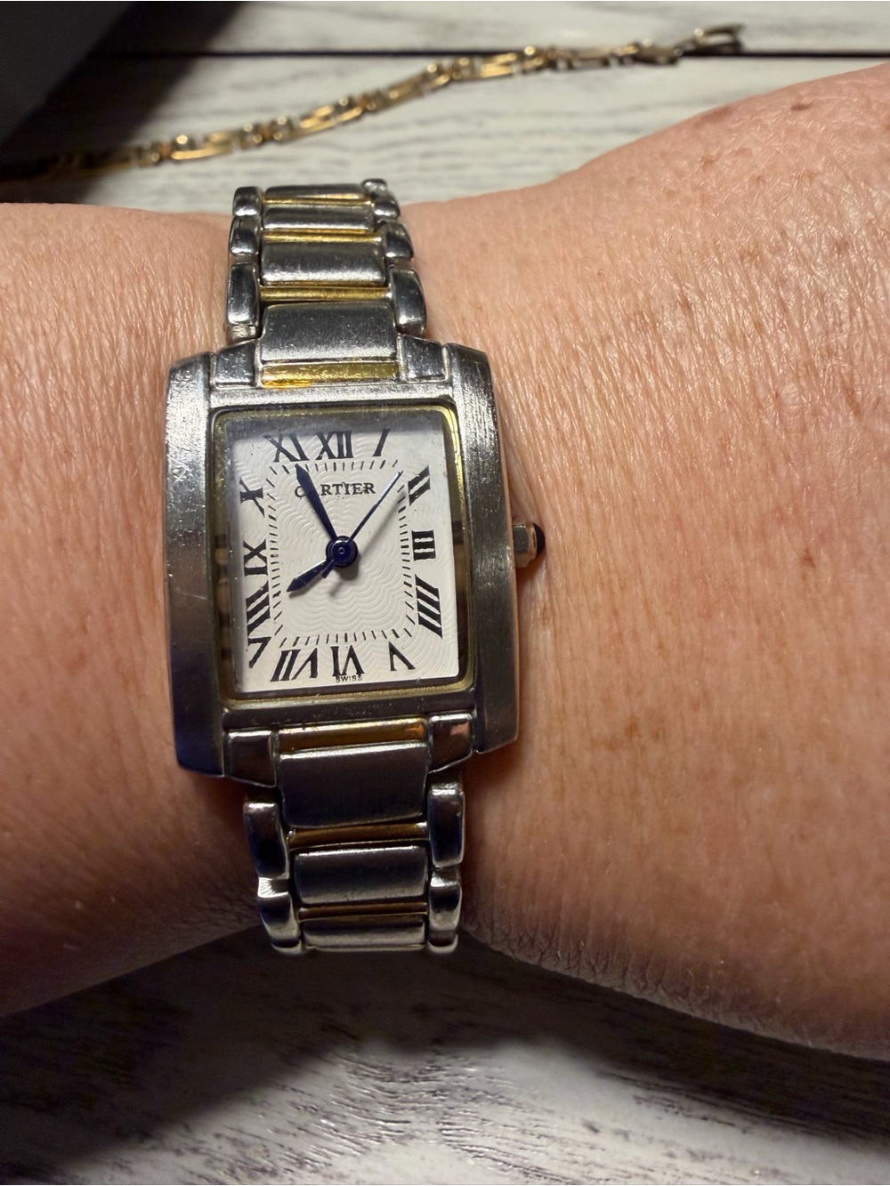 Cartier Two-Tone Silver and Gold Tank Watch with Blue Hands